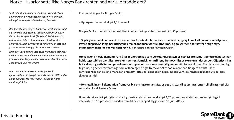 sammen med stadig stigende boligprisen bidro dette til at Norges Bank (for så vidt i tråd med sitt rammeverk, inklrenteregnskapet) holdt renten uendret nå.