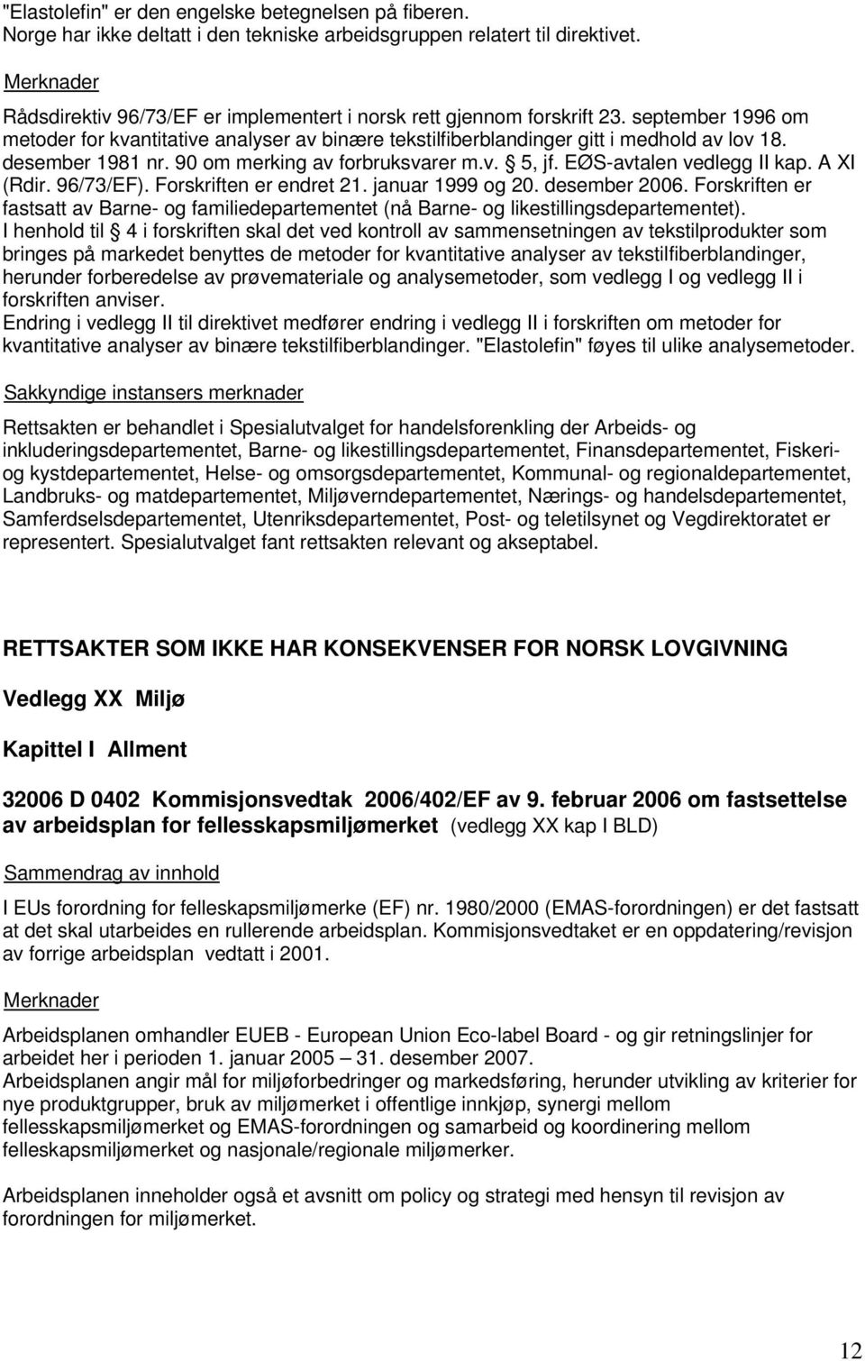 desember 1981 nr. 90 om merking av forbruksvarer m.v. 5, jf. EØS-avtalen vedlegg II kap. A XI (Rdir. 96/73/EF). Forskriften er endret 21. januar 1999 og 20. desember 2006.