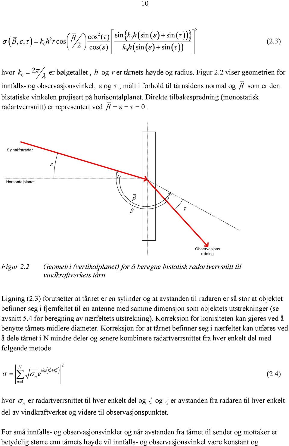 Direkte tilbakespredning (monostatisk radartverrsnitt) er representert ved β = ε = τ = 0. Signal fra radar ε Horsontalplanet β β τ Observasjons retning Figur 2.