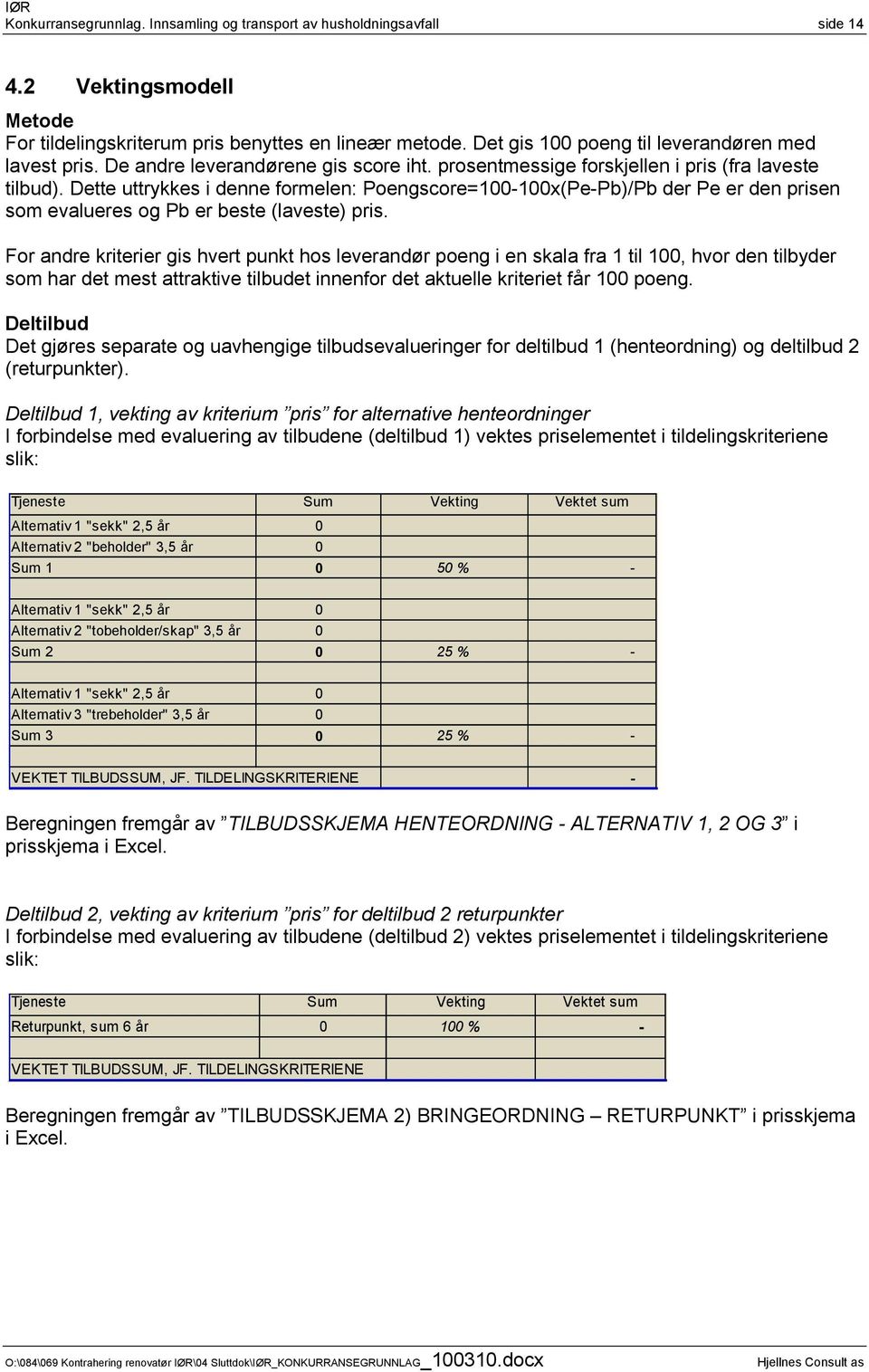 Dette uttrykkes i denne formelen: Poengscore=100-100x(Pe-Pb)/Pb der Pe er den prisen som evalueres og Pb er beste (laveste) pris.