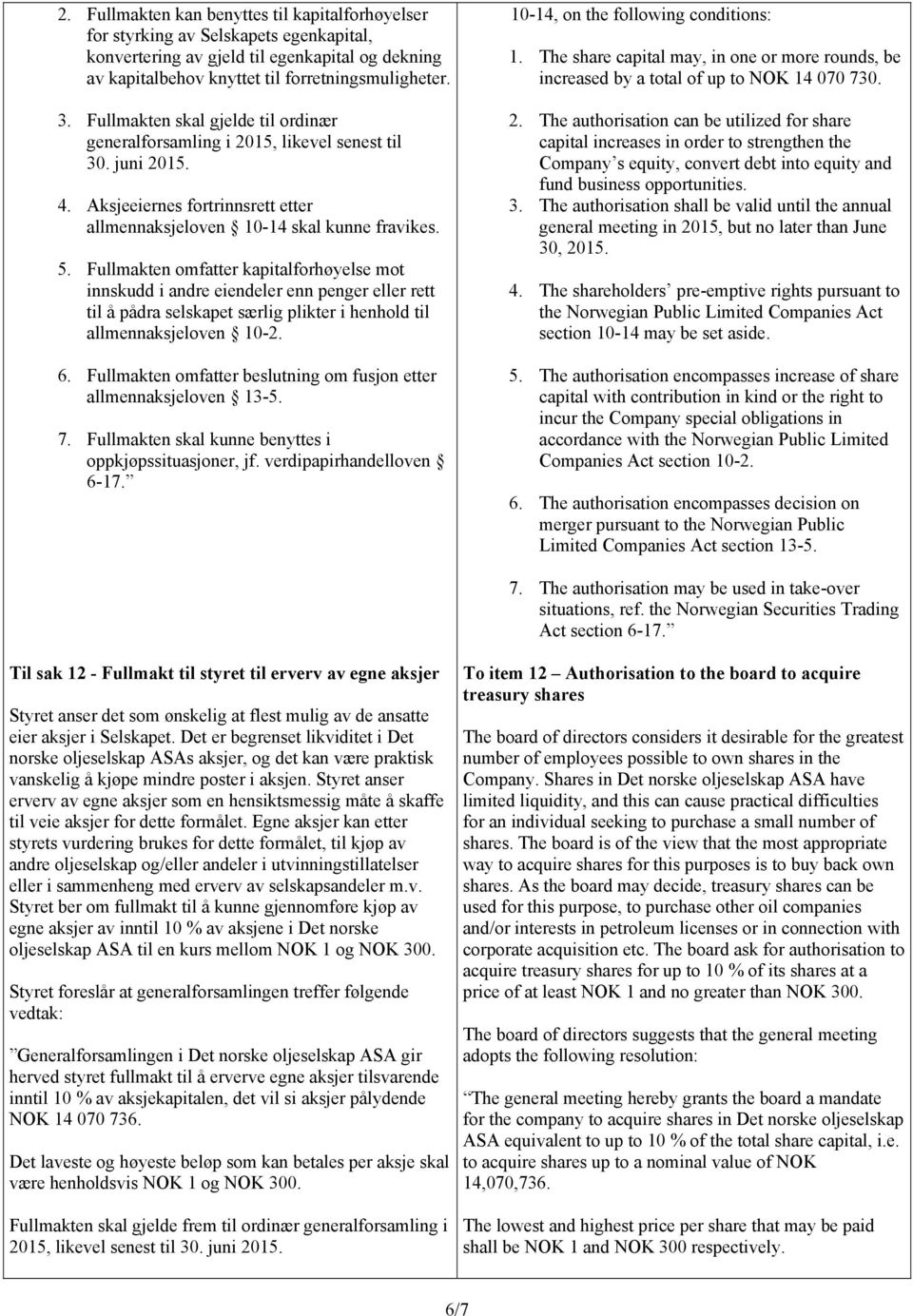 Fullmakten omfatter kapitalforhøyelse mot innskudd i andre eiendeler enn penger eller rett til å pådra selskapet særlig plikter i henhold til allmennaksjeloven 10-2. 6.