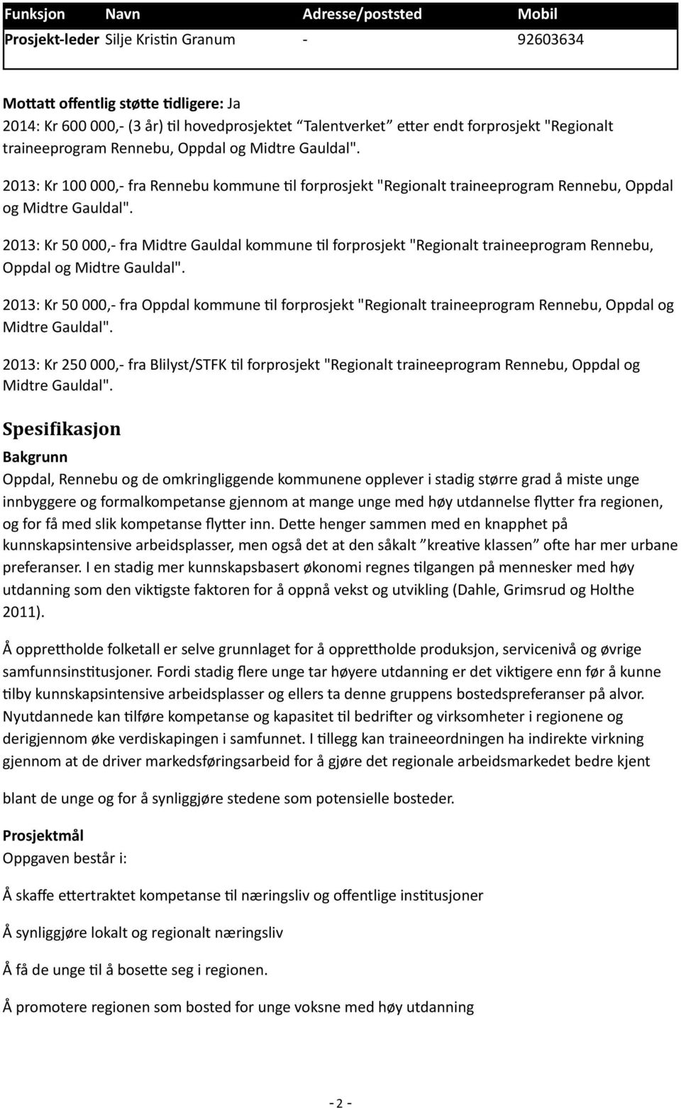 2013: Kr 50 000,- fra Midtre Gauldal kommune =l forprosjekt "Regionalt traineeprogram Rennebu, Oppdal og Midtre Gauldal".