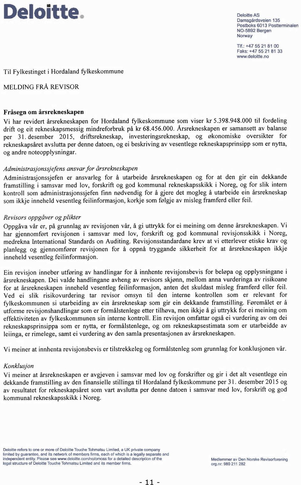 000 til fordeling drift og eit rekneskapsmessig mindreforbruk på kr 68.456. 000. Arsrekneskapen er samansett av balanse per 31.