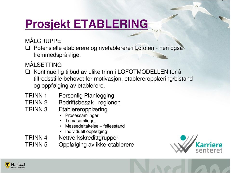 etablereropplæring/bistand og oppfølging av etablerere.