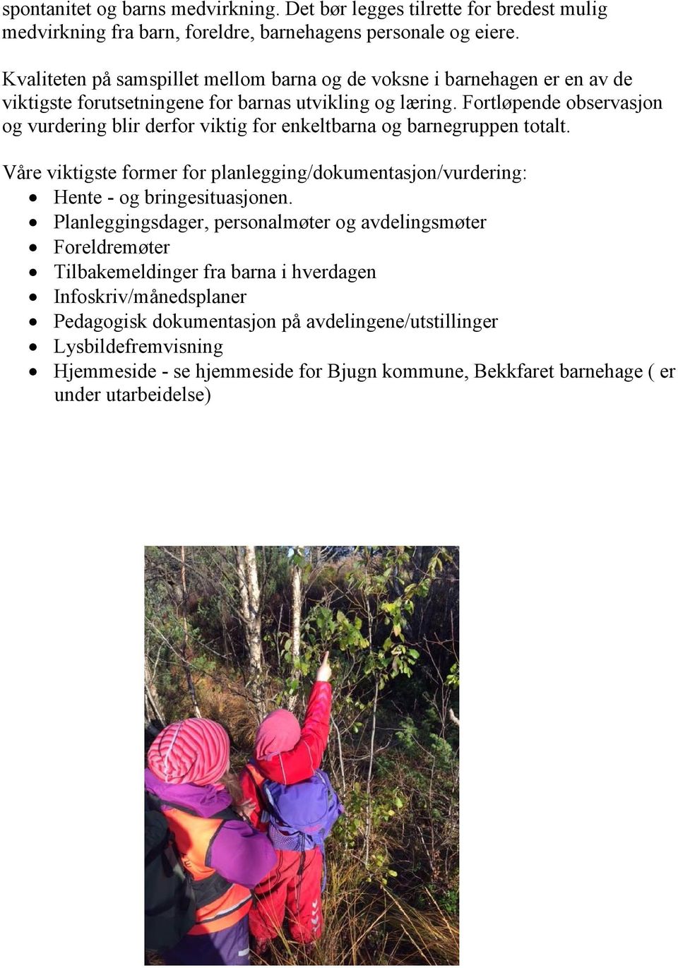 Fortløpende observasjon og vurdering blir derfor viktig for enkeltbarna og barnegruppen totalt. Våre viktigste former for planlegging/dokumentasjon/vurdering: Hente - og bringesituasjonen.