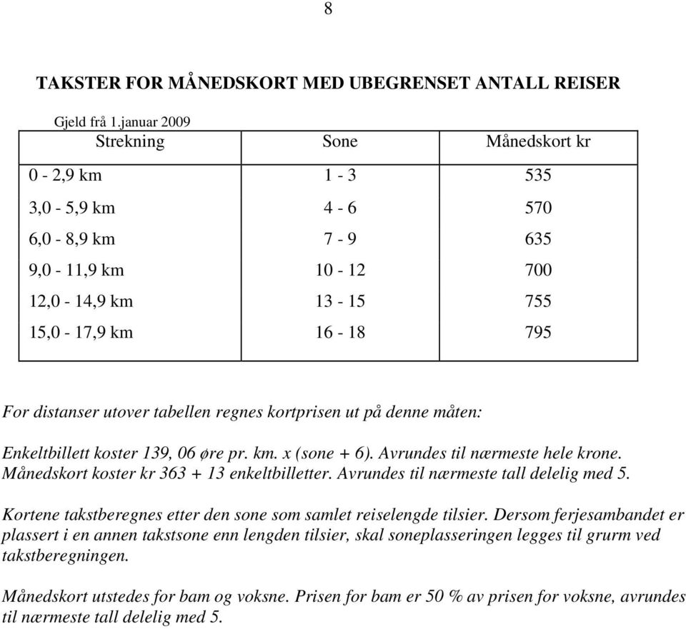 regnes kortprisen ut på denne måten: Enkeltbillett koster 139, 06 øre pr. km. x (sone + 6). Avrundes til nærmeste hele krone. Månedskort koster kr 363 + 13 enkeltbilletter.