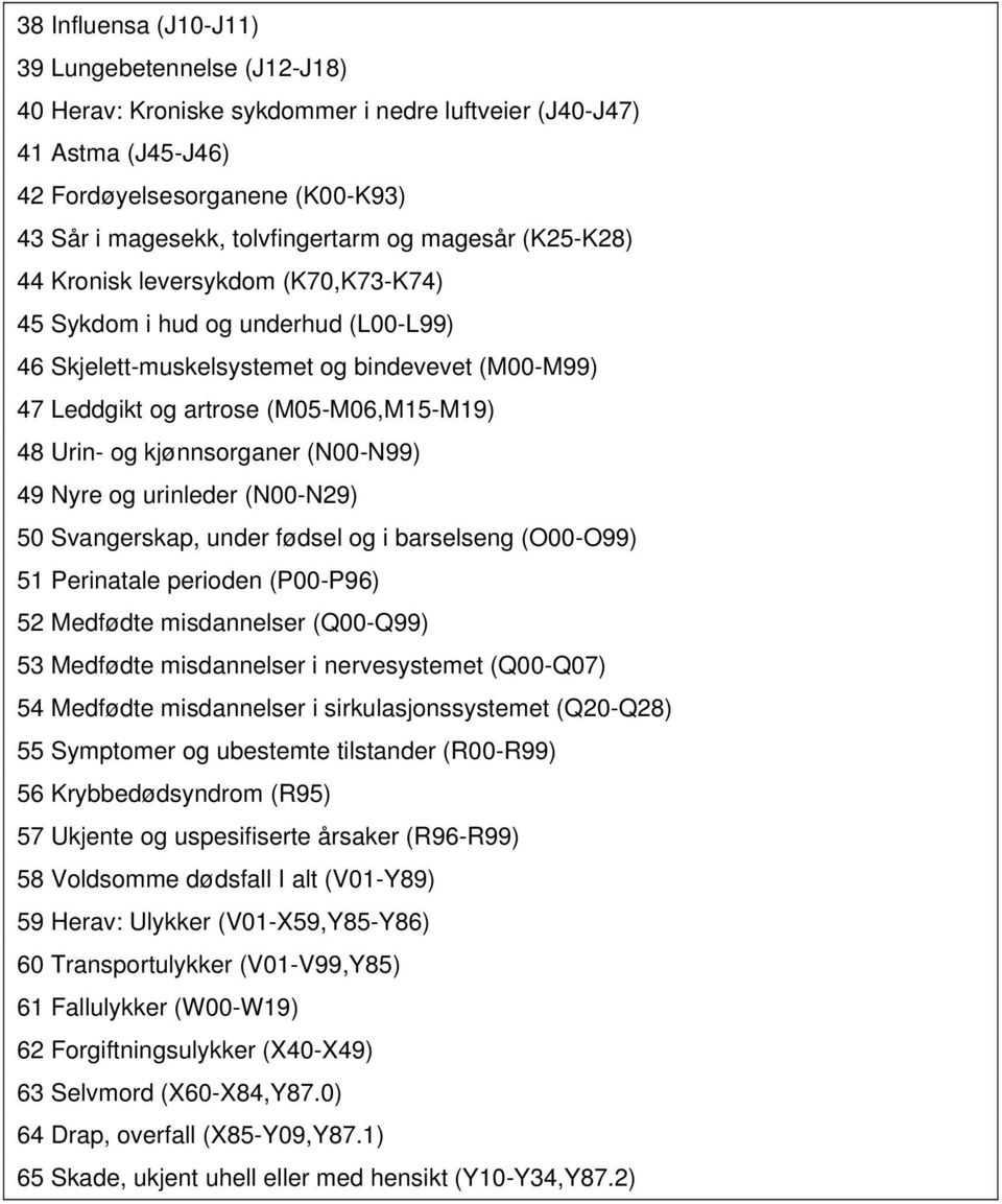 kjønnsorganer (N-N99) 49 Nyre og urinleder (N-N29) 5 Svangerskap, under fødsel og i barselseng (O-O99) 51 Perinatale perioden (P-P96) 52 Medfødte misdannelser (Q-Q99) 53 Medfødte misdannelser i