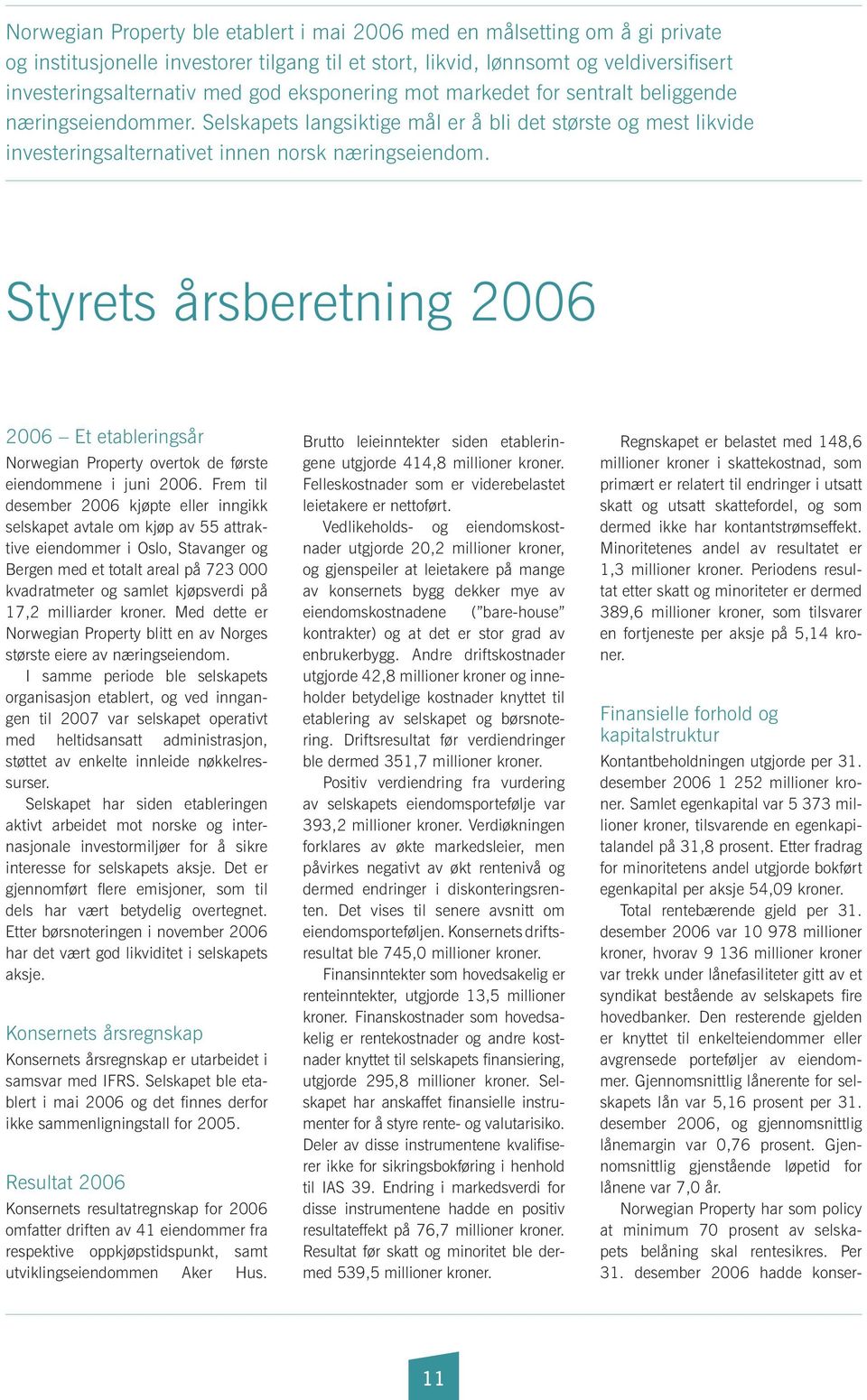 Styrets årsberetning 2006 2006 Et etableringsår Norwegian Property overtok de første eiendommene i juni 2006.