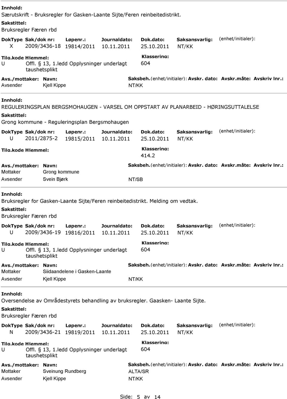 Avskr. dato: Avskr.måte: Avskriv lnr.: Mottaker Grong kommune Svein Bjørk Bruksregler for Gasken-Laante Sijte/Feren reinbeitedistrikt. Melding om vedtak.