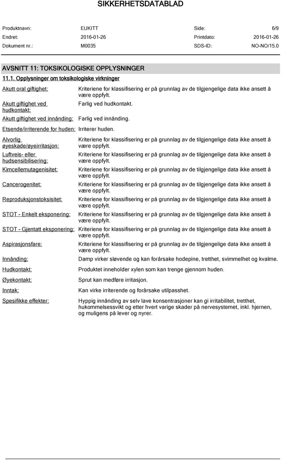 Alvorlig øyeskade/øyeirritasjon: Luftveis- eller hudsensibilisering: Kimcellemutagenisitet: Cancerogenitet: Reproduksjonstoksisitet: STOT - Enkelt eksponering: STOT - Gjentatt eksponering: