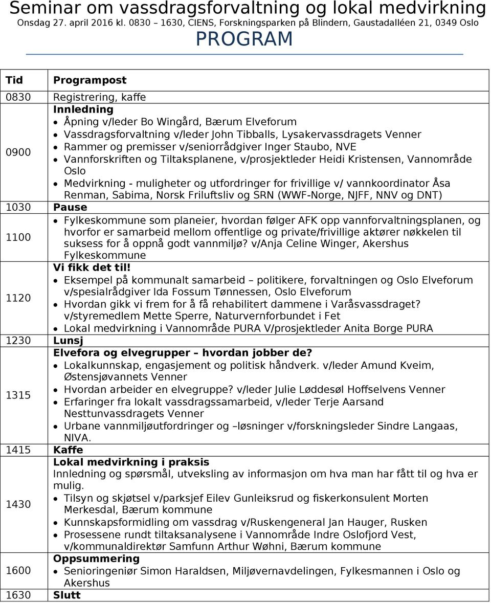 v/leder John Tibballs, Lysakervassdragets Venner Rammer og premisser v/seniorrådgiver Inger Staubo, NVE 0900 Vannforskriften og Tiltaksplanene, v/prosjektleder Heidi Kristensen, Vannområde Oslo