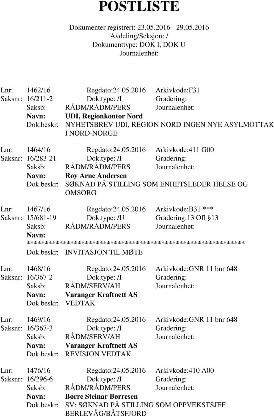 beskr: SØKNAD PÅ STILLING SOM ENHETSLEDER HELSE OG OMSORG Lnr: 1467/16 Regdato:24.05.2016 Arkivkode:B31 *** Saksnr: 15/681-19 Dok.type: /U Gradering:13 Ofl 13 Dok.