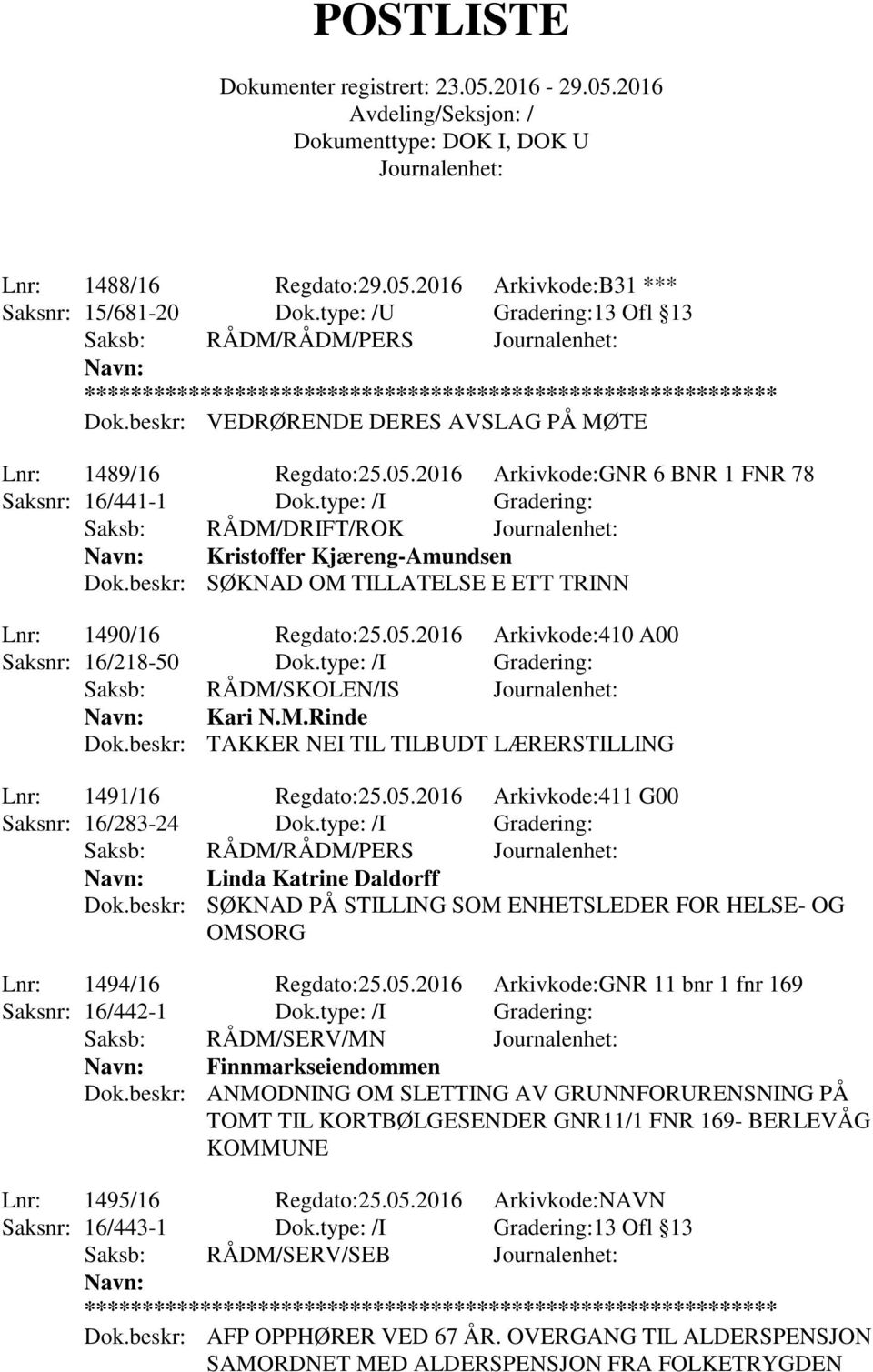 type: /I Gradering: Saksb: RÅDM/SKOLEN/IS Kari N.M.Rinde Dok.beskr: TAKKER NEI TIL TILBUDT LÆRERSTILLING Lnr: 1491/16 Regdato:25.05.2016 Arkivkode:411 G00 Saksnr: 16/283-24 Dok.