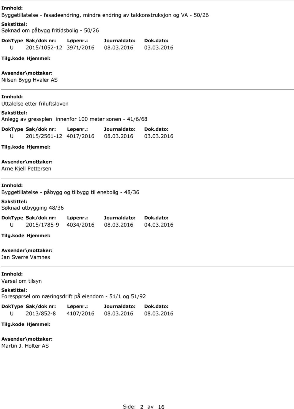 03.2016 Arne Kjell Pettersen Byggetillatelse - påbygg og tilbygg til enebolig - 48/36 Søknad utbygging 48/36 2015/1785-9 4034/2016 04.03.2016 Jan Sverre Vamnes Varsel om tilsyn Forespørsel om næringsdrift på eiendom - 51/1 og 51/92 2013/852-8 4107/2016 Martin J.
