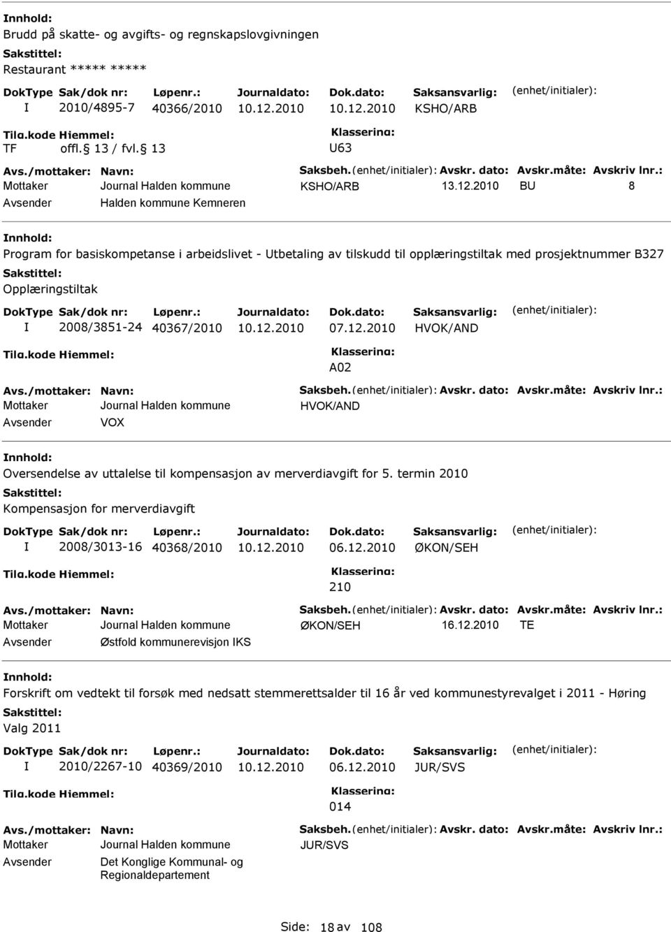 40367/2010 07.12.2010 HVOK/ND 02 vs./mottaker: Navn: Saksbeh. vskr. dato: vskr.måte: vskriv lnr.: HVOK/ND vsender VOX nnhold: Oversendelse av uttalelse til kompensasjon av merverdiavgift for 5.