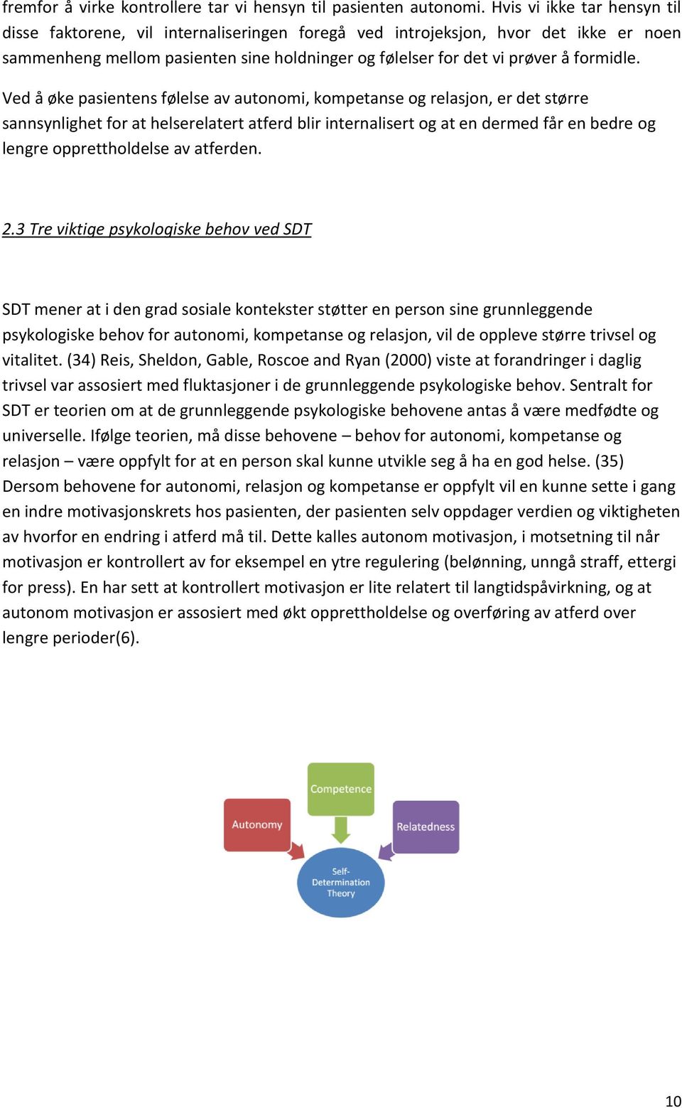 Ved å øke pasientens følelse av autonomi, kompetanse og relasjon, er det større sannsynlighet for at helserelatert atferd blir internalisert og at en dermed får en bedre og lengre opprettholdelse av