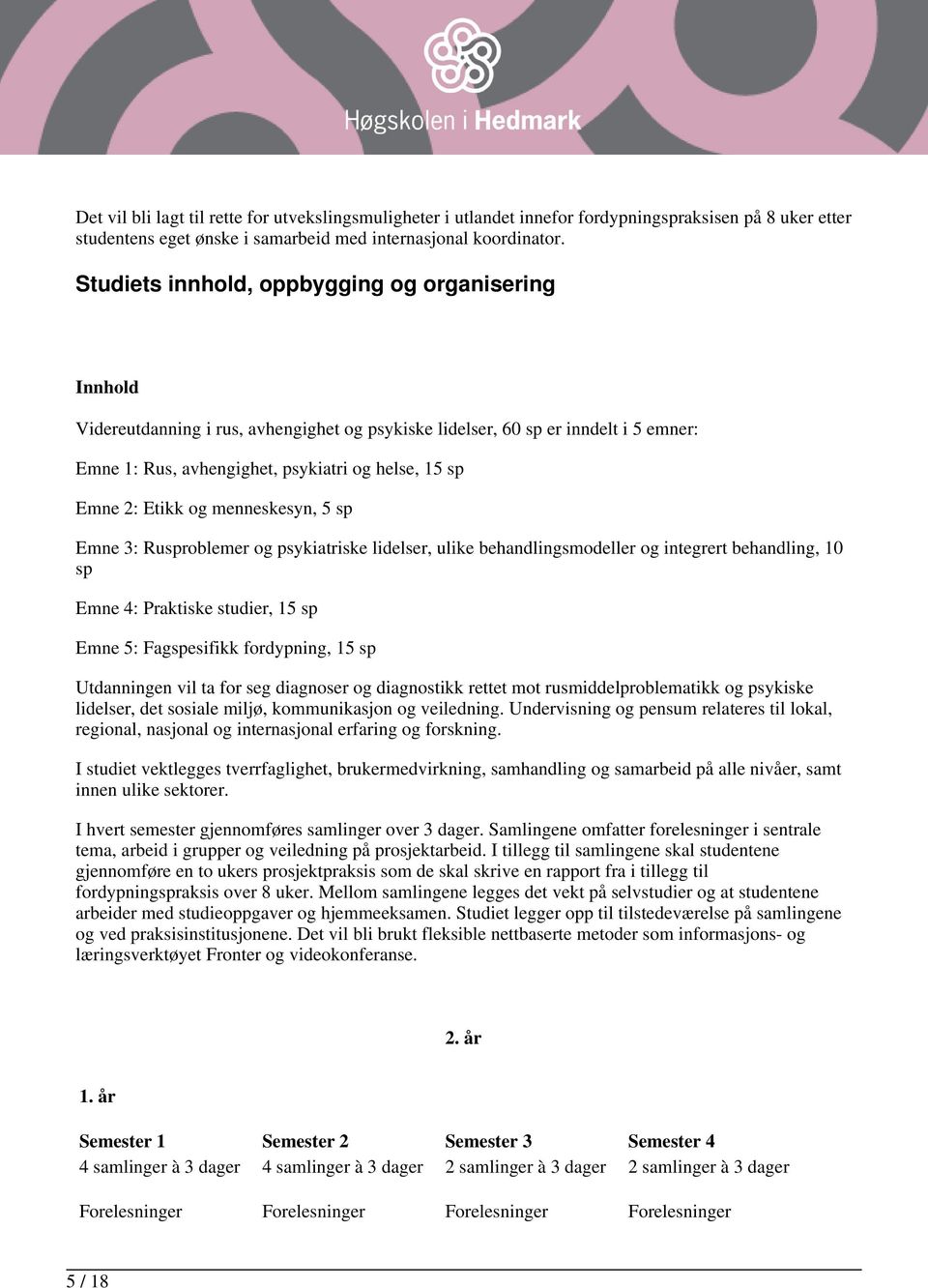 Etikk og menneskesyn, 5 sp Emne 3: Rusproblemer og psykiatriske lidelser, ulike behandlingsmodeller og integrert behandling, 10 sp Emne 4: Praktiske studier, 15 sp Emne 5: Fagspesifikk fordypning, 15