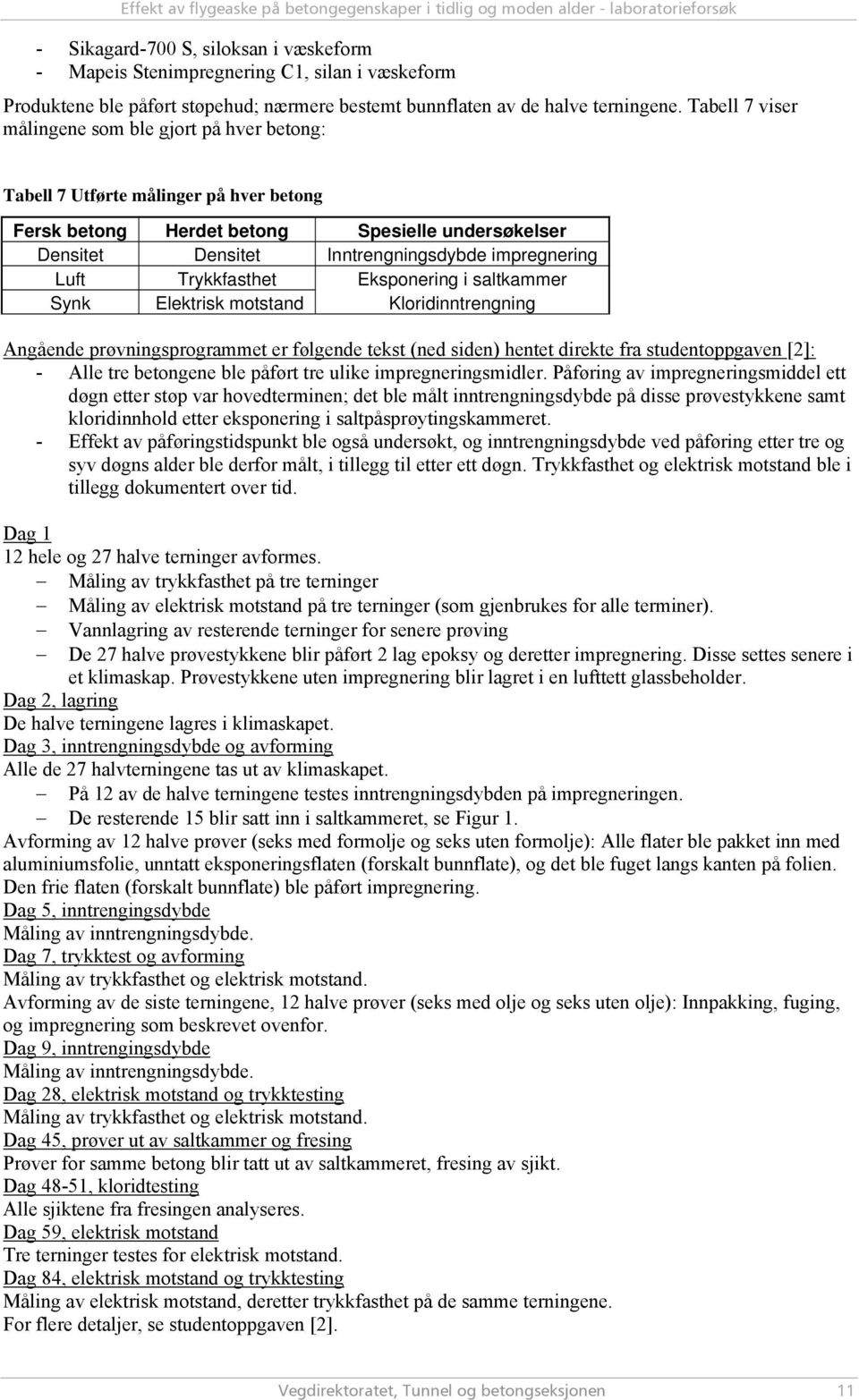 Luft Trykkfasthet Eksponering i saltkammer Synk Elektrisk motstand Kloridinntrengning Angående prøvningsprogrammet er følgende tekst (ned siden) hentet direkte fra studentoppgaven [2]: - Alle tre