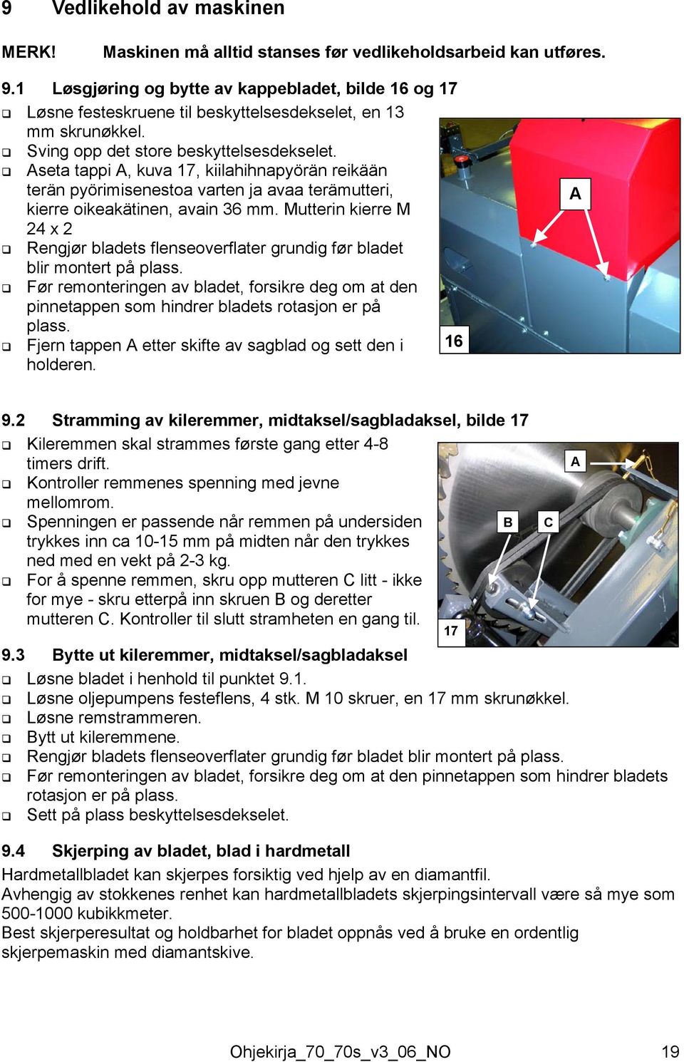 seta tappi, kuva 17, kiilahihnapyörän reikään terän pyörimisenestoa varten ja avaa terämutteri, kierre oikeakätinen, avain 36 mm.