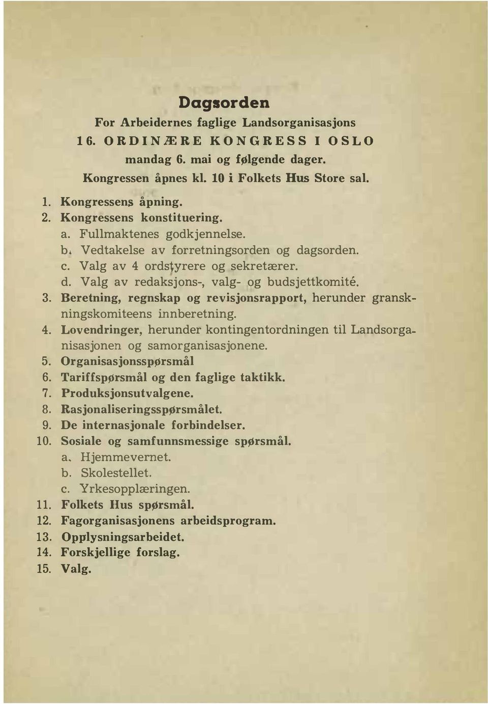 Beretning, regnskap og revisjonsrapport, herunder granskningskomiteens innberetning. 4. Lovendringer, herunder kontingentordningen til Landsorga_ nisasjonen og samorganisasjonene. 5.