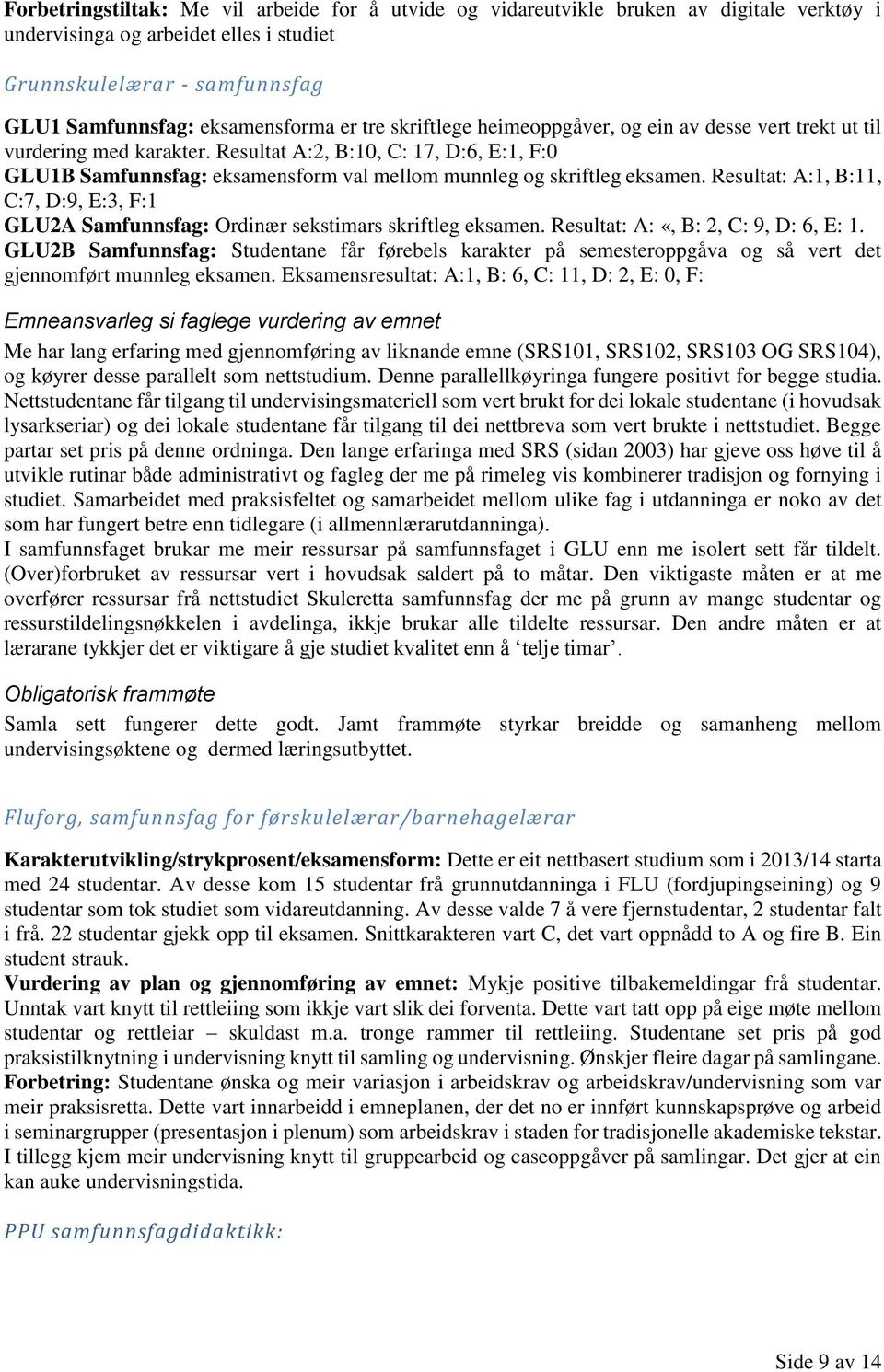 Resultat A:2, B:10, C: 17, D:6, E:1, F:0 GLU1B Samfunnsfag: eksamensform val mellom munnleg og skriftleg eksamen.