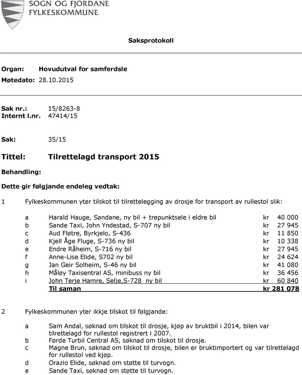 47414/15 Sak: 35/15 Tittel: Tilrettelagd transport 2015 Behandling: Dette gir følgjande endeleg vedtak: 1 Fylkeskommunen yter tilskot til tilrettelegging av drosje for transport av rullestol slik: a