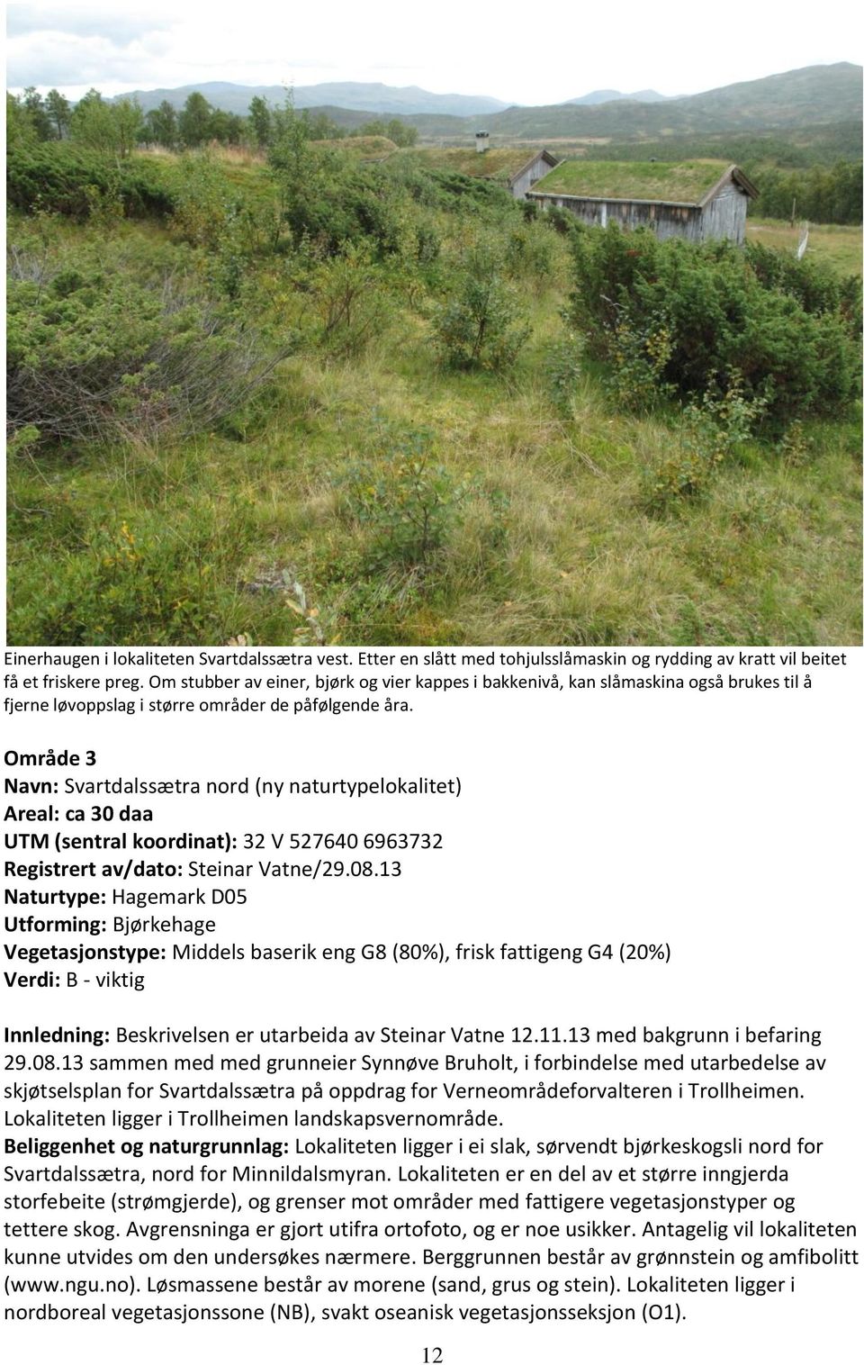 Område 3 Navn: Svartdalssætra nord (ny naturtypelokalitet) Areal: ca 30 daa UTM (sentral koordinat): 32 V 527640 6963732 Registrert av/dato: Steinar Vatne/29.08.