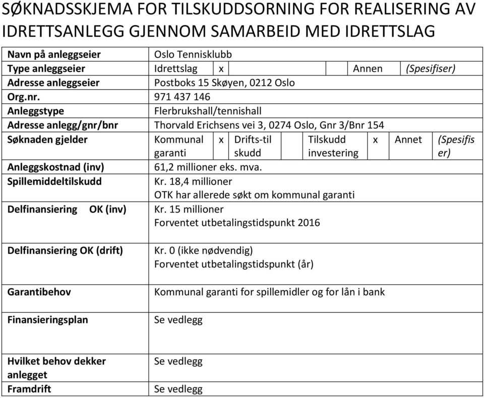 971 437 146 Anleggstype Flerbrukshall/tennishall Adresse anlegg/gnr/bnr Thorvald Erichsens vei 3, 0274 Oslo, Gnr 3/Bnr 154 Søknaden gjelder Kommunal garanti x Drifts-til skudd Tilskudd investering x