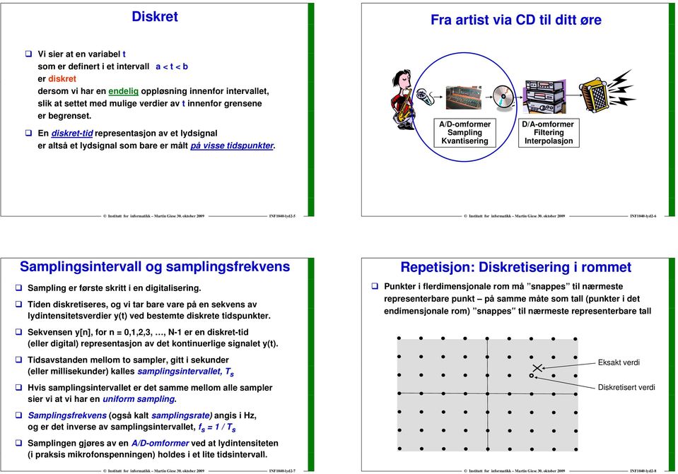 A/D-omformer Sampling Kvantisering D/A-omformer Filtering Interpolasjon INF14-lyd2-5 INF14-lyd2-6 Samplingsintervall og samplingsfrekvens Sampling er første skritt i en digitalisering.