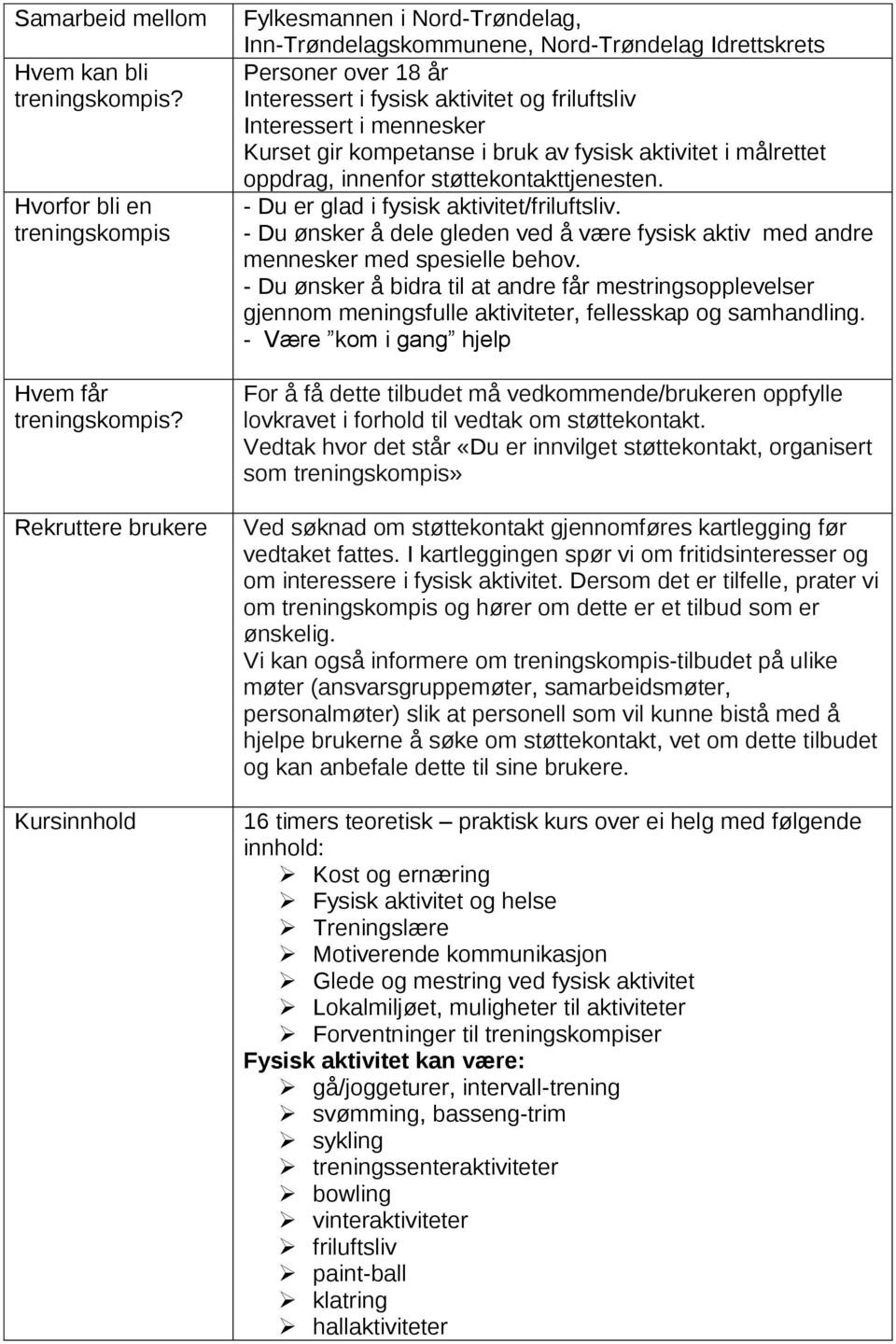 mennesker Kurset gir kompetanse i bruk av fysisk aktivitet i målrettet oppdrag, innenfor støttekontakttjenesten. - Du er glad i fysisk aktivitet/friluftsliv.