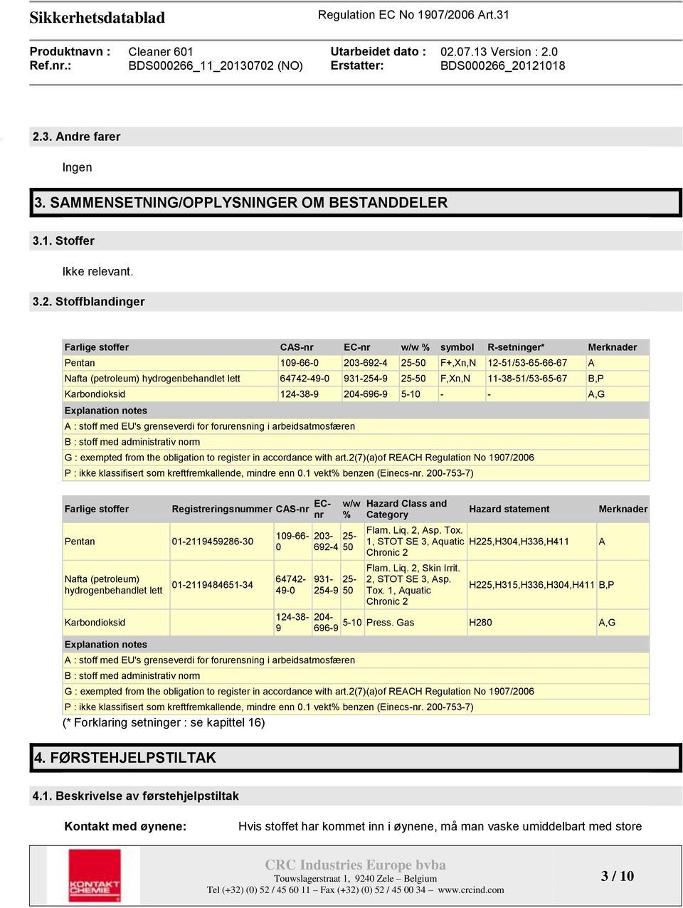 notes A : stoff med EU's grenseverdi for forurensning i arbeidsatmosfæren B : stoff med administrativ norm G : exempted from the obligation to register in accordance with art.