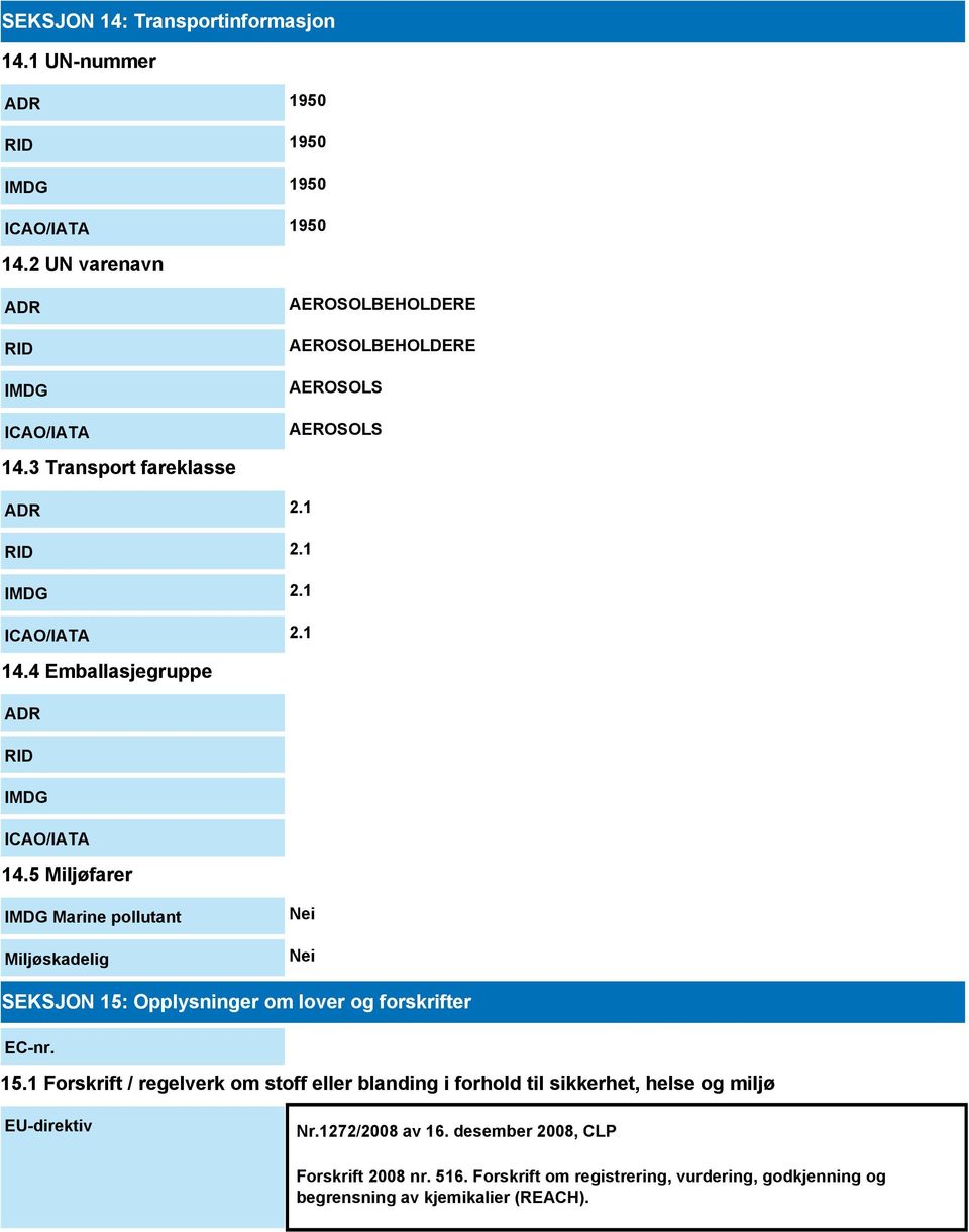 4 Emballasjegruppe ADR RID IMDG ICAO/IATA 14.5 Miljøfarer IMDG Marine pollutant Miljøskadelig Nei Nei SEKSJON 15: