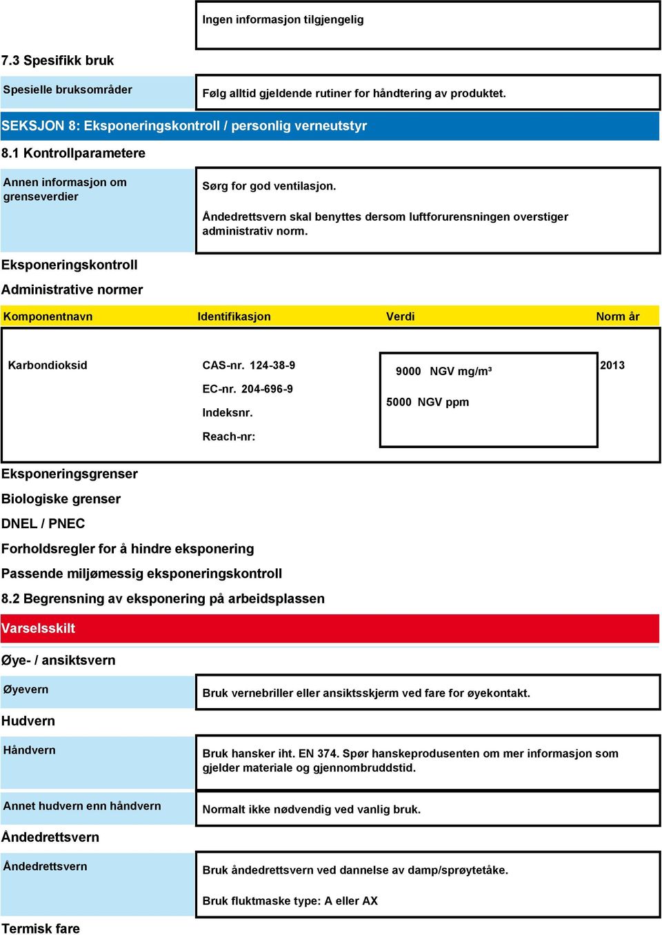 Eksponeringskontroll Administrative normer Komponentnavn Identifikasjon Verdi Norm år Karbondioksid CAS-nr. 124-38-9 EC-nr. 204-696-9 Indeksnr.