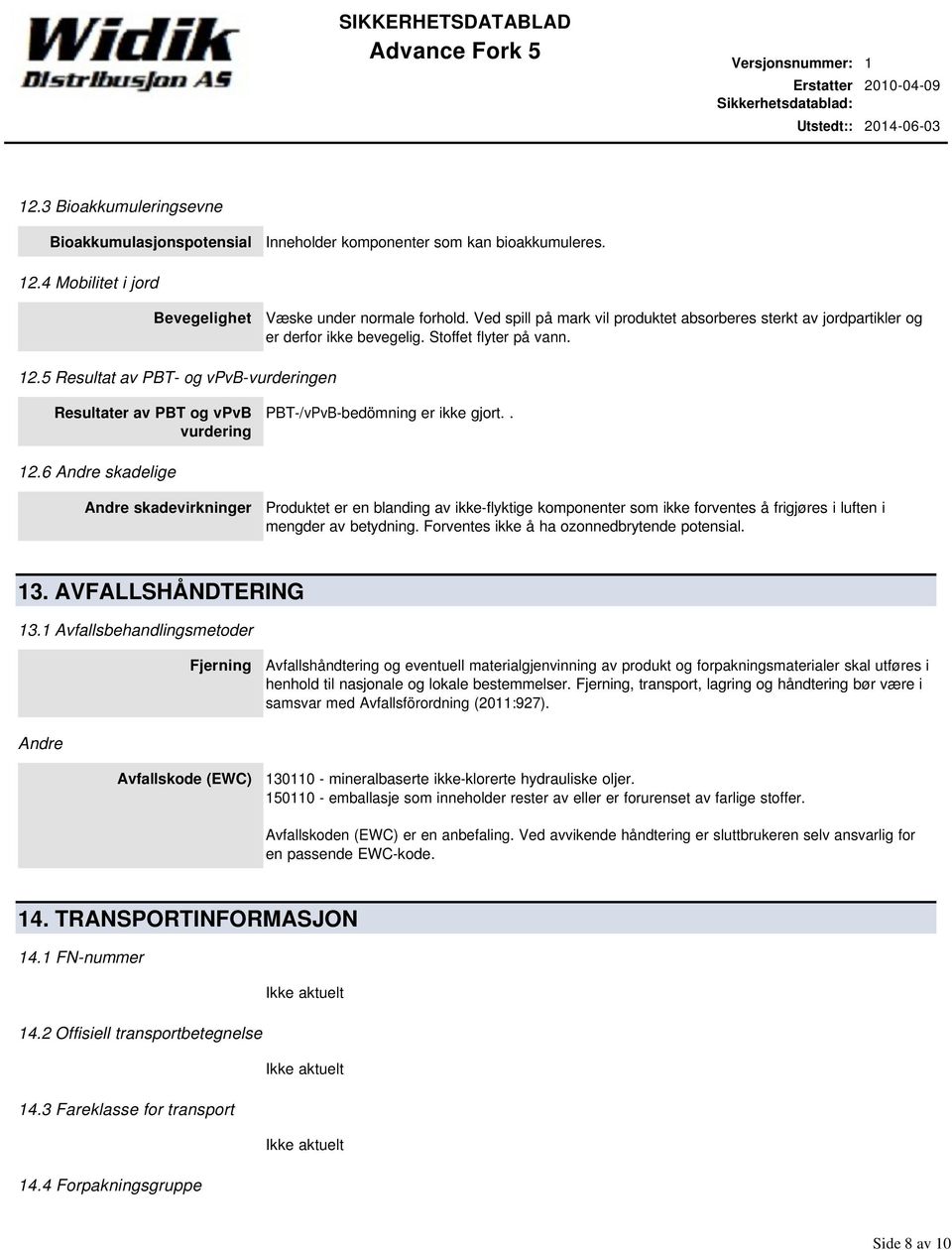 5 Resultat av PBT- og vpvb-vurderingen Resultater av PBT og vpvb vurdering PBT-/vPvB-bedömning er ikke gjort.. 12.