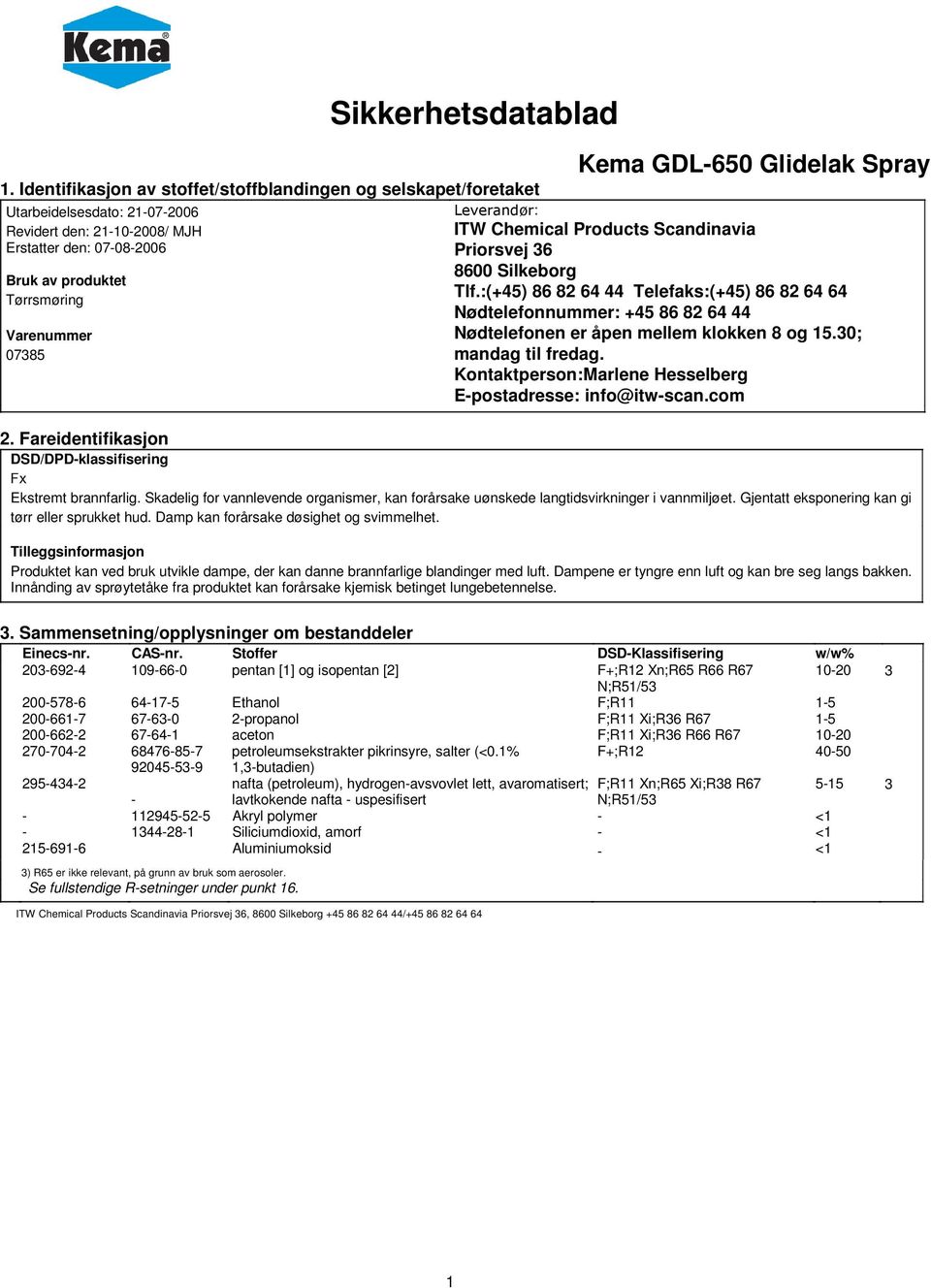 GDL650 Glidelak Spray Leverandør: ITW Chemical Products Scandinavia Priorsvej 36 8600 Silkeborg Tlf.