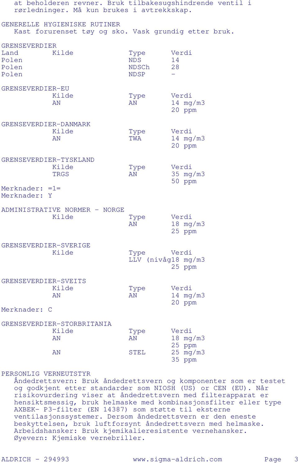 Merknader: =1= Merknader: Y ADMINISTRATIVE NORMER - NORGE AN 18 mg/m3 25 ppm GRENSEVERDIER-SVERIGE LLV (nivåg18 mg/m3 25 ppm GRENSEVERDIER-SVEITS AN AN 14 mg/m3 20 ppm Merknader: C