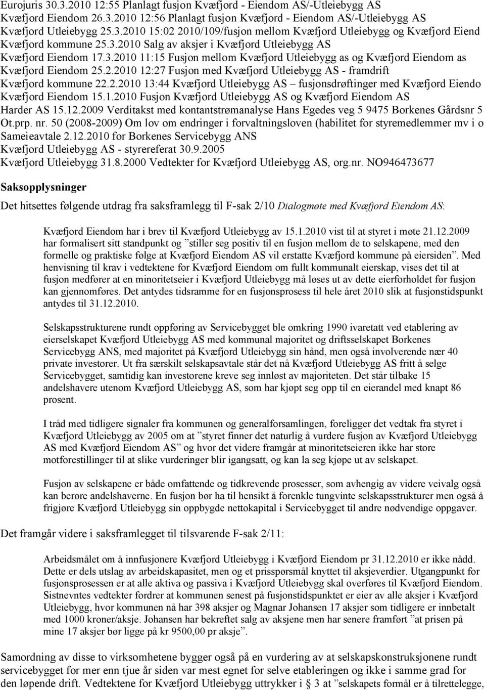 2.2010 13:44 Kvæfjord Utleiebygg AS fusjonsdrøftinger med Kvæfjord Eiendo Kvæfjord Eiendom 15.1.2010 Fusjon Kvæfjord Utleiebygg AS og Kvæfjord Eiendom AS Harder AS 15.12.