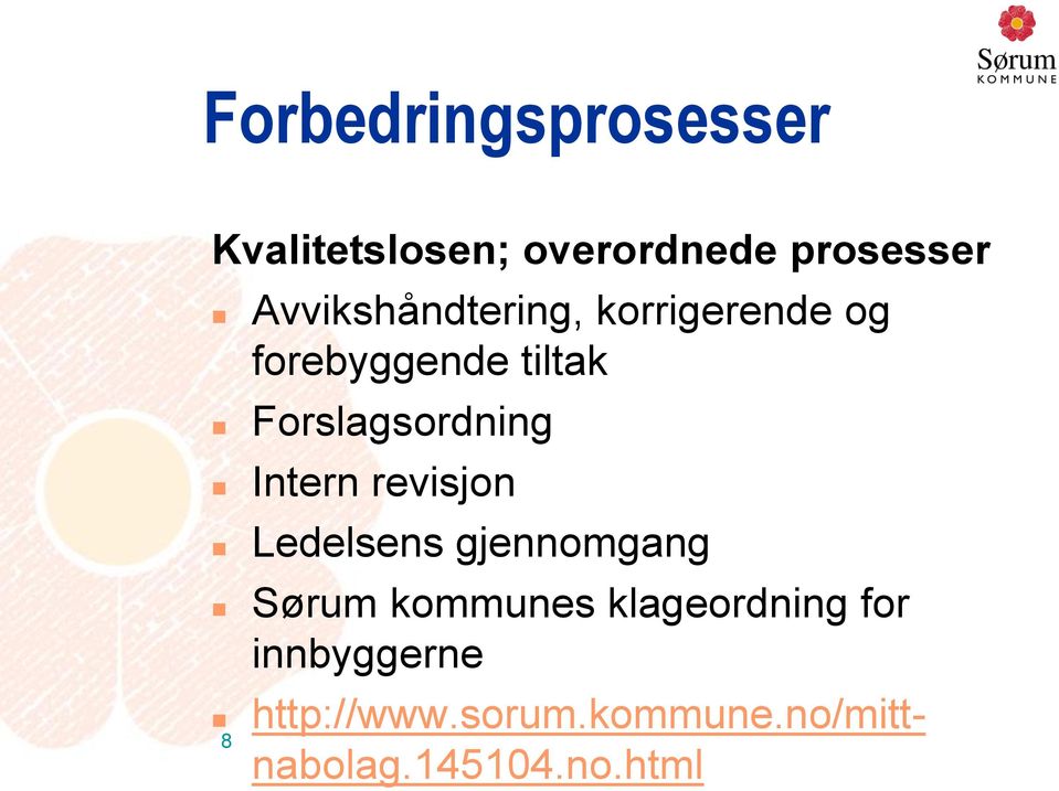 Forslagsordning Intern revisjon Ledelsens gjennomgang Sørum