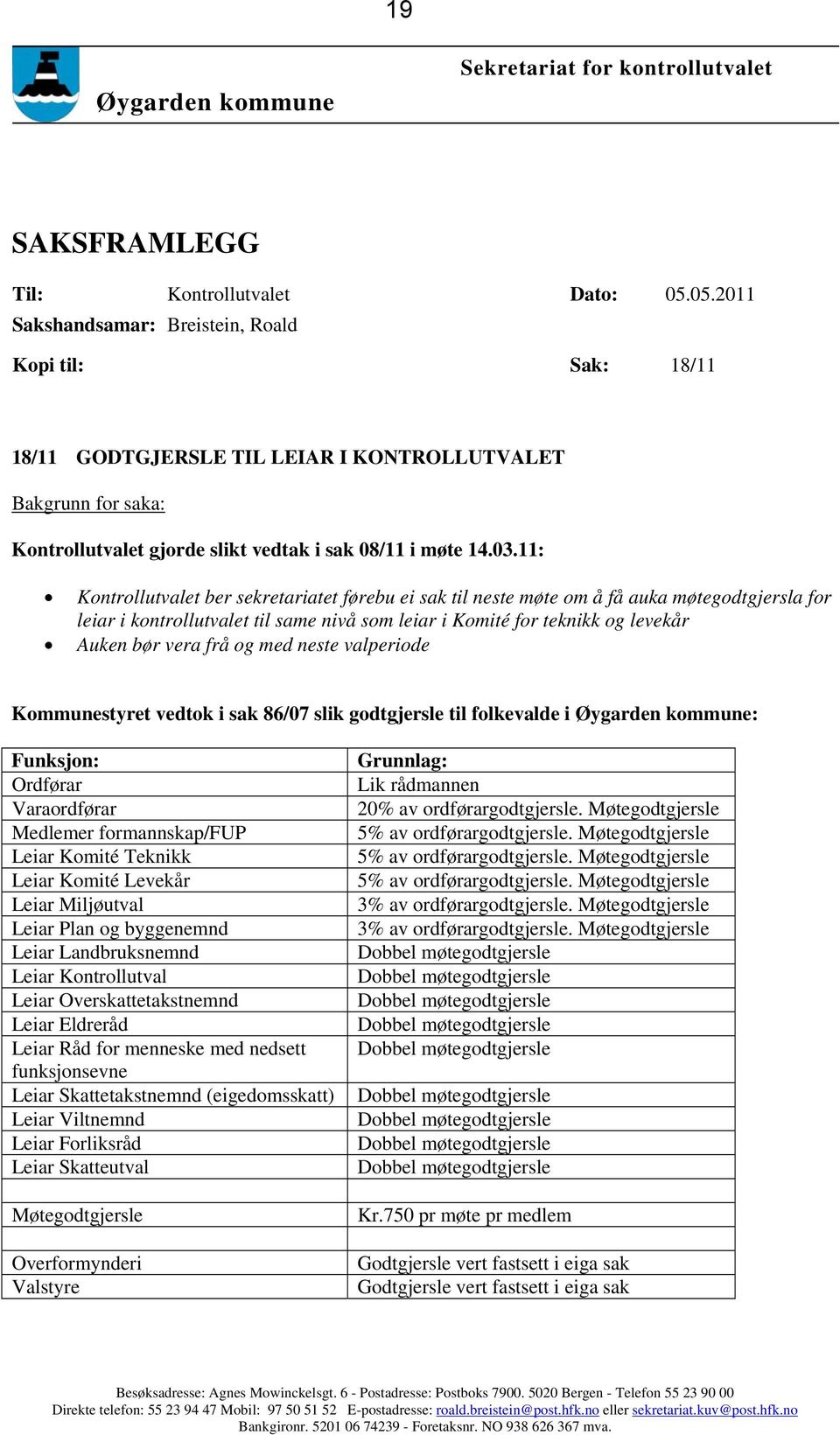 11: Kontrollutvalet ber sekretariatet førebu ei sak til neste møte om å få auka møtegodtgjersla for leiar i kontrollutvalet til same nivå som leiar i Komité for teknikk og levekår Auken bør vera frå