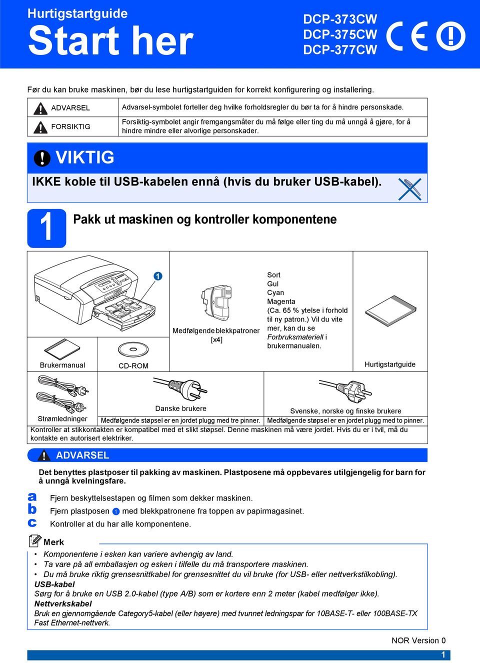 Forsiktig-symolet ngir fremgngsmåter du må følge eller ting du må unngå å gjøre, for å hindre mindre eller lvorlige personskder. IKKE kole til USB-kelen ennå (hvis du ruker USB-kel).