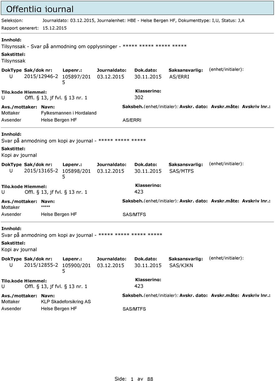 måte: Avskriv lnr.: Mottaker Fylkesmannen i Hordaland AS/ERR Svar på anmodning om kopi av journal - ***** ***** ***** Kopi av journal 201/1316-2 10898/201 30.11.201 SAS/MTFS 423 Avs.