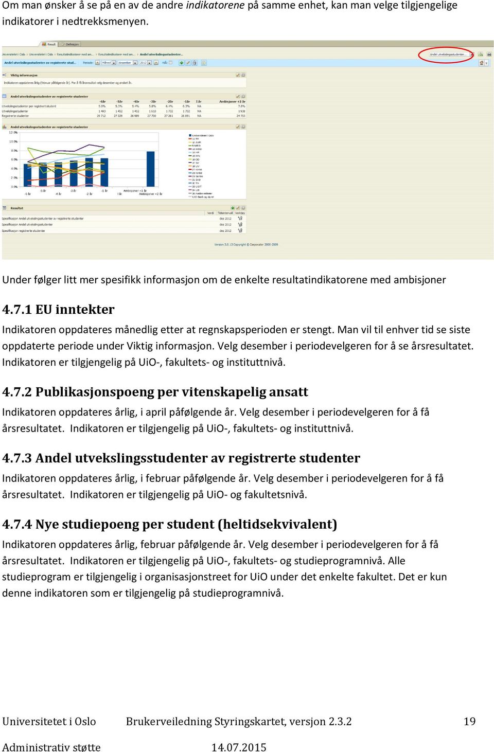 Man vil til enhver tid se siste oppdaterte periode under Viktig informasjon. Velg desember i periodevelgeren for å se årsresultatet. Indikatoren er tilgjengelig på UiO-, fakultets- og instituttnivå.