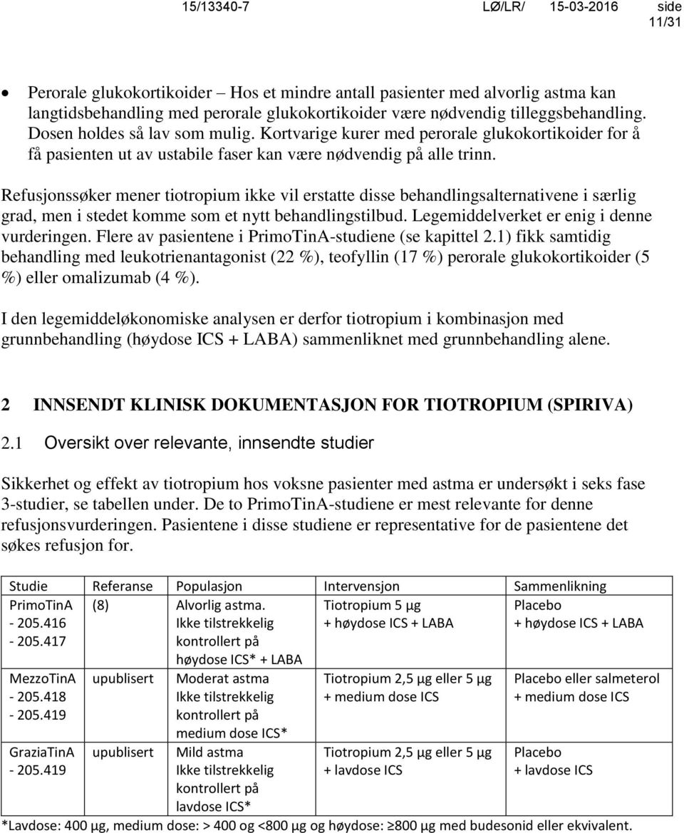 Refusjonssøker mener tiotropium ikke vil erstatte disse behandlingsalternativene i særlig grad, men i stedet komme som et nytt behandlingstilbud. Legemiddelverket er enig i denne vurderingen.