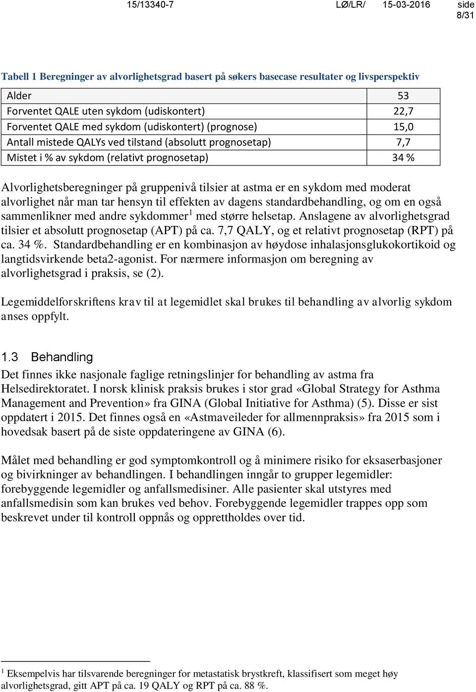 moderat alvorlighet når man tar hensyn til effekten av dagens standardbehandling, og om en også sammenlikner med andre sykdommer 1 med større helsetap.