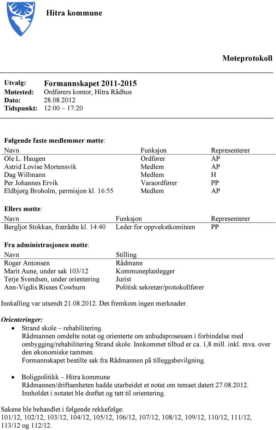 Haugen Ordfører AP Astrid Lovise Mortensvik Medlem AP Dag Willmann Medlem H Per Johannes Ervik Varaordfører PP Eldbjørg Broholm, permisjon kl.