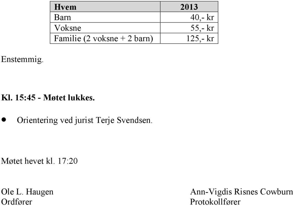 Orientering ved jurist Terje Svendsen. Møtet hevet kl.