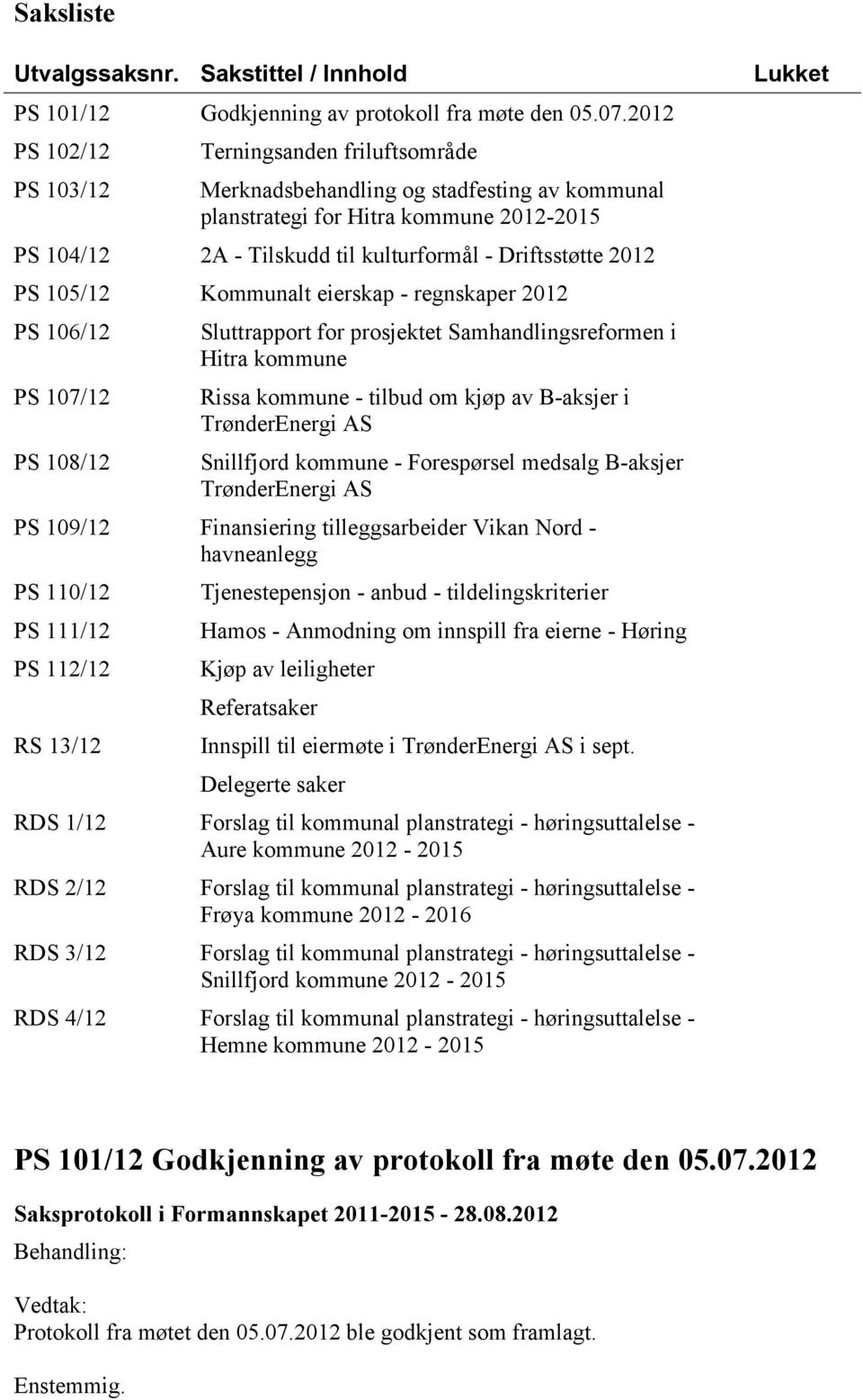 2012 PS 105/12 Kommunalt eierskap - regnskaper 2012 PS 106/12 PS 107/12 PS 108/12 Sluttrapport for prosjektet Samhandlingsreformen i Hitra kommune Rissa kommune - tilbud om kjøp av B-aksjer i