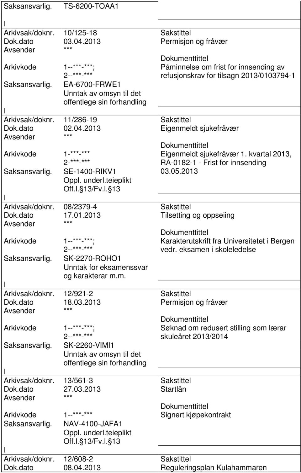 08/2379-4 Sakstittel Dok.dato 17.01.2013 Tilsetting og oppseiing SK-2270-ROHO1 Unntak for eksamenssvar og karakterar m.m. Karakterutskrift fra Universitetet i Bergen vedr.