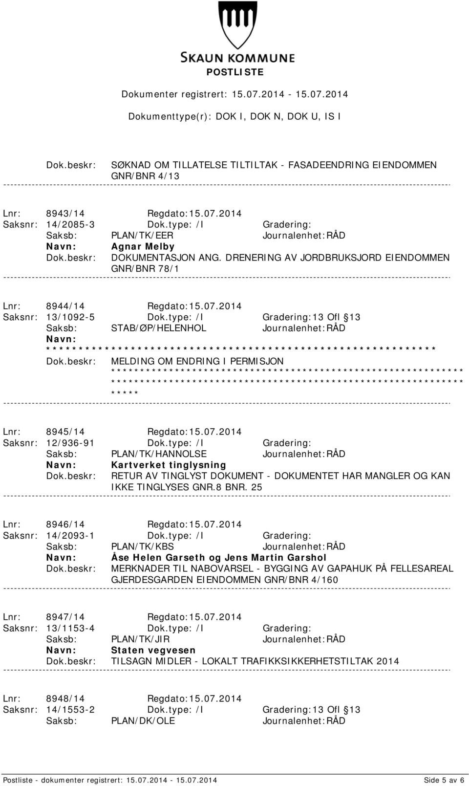 type: /I Gradering:13 Ofl 13 ************************************************************ MELDING OM ENDRING I PERMISJON ***** Lnr: 8945/14 Regdato:15.07.2014 Saksnr: 12/936-91 Dok.