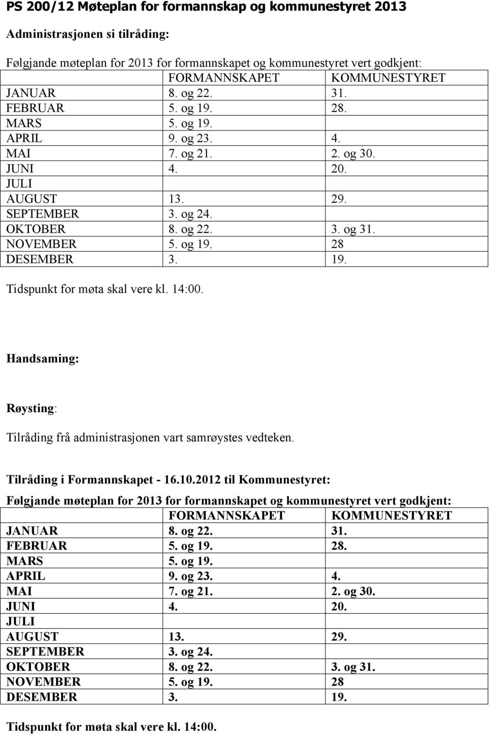 14:00. Tilråding frå administrasjonen vart samrøystes vedteken. Tilråding i Formannskapet - 16.10.